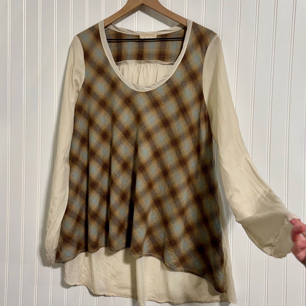 CP Shades Plaid Cotton Silk Mixed Media Blouse High Low Hem Made in USA Large - Picture 3 of 8